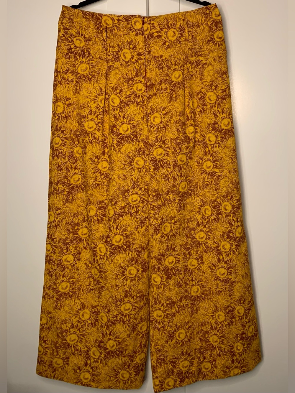 Burgundy and yellow floral wide leg pants with sunflower design